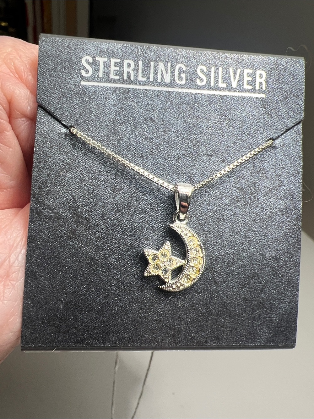 Crescent Moon & Star Pendant Necklace - Sterling Silver - Gold Accents - NWT